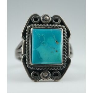 Old Pawn Navajo Native American Indian Sterling Silver Turqiouse Ring Size 6